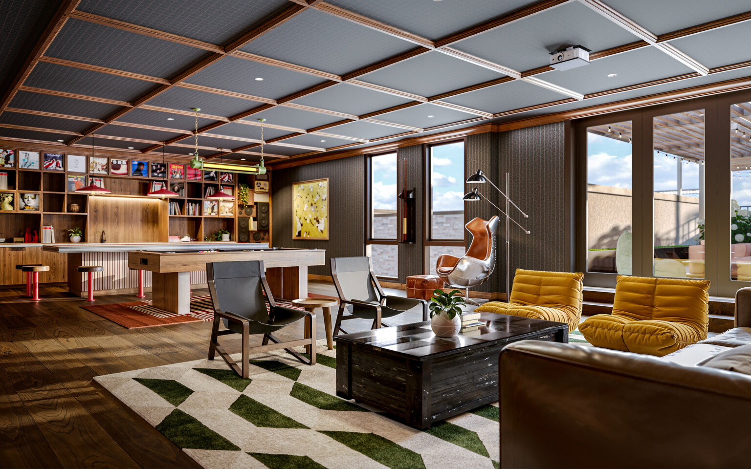 Recreation room with modern furniture, wooden floors and bar with a hobby table in the back